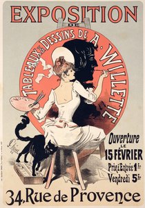 Reprodukce plakátu propagujícího „Výstavu obrazů a kreseb A. Willette (1857-1926), Rue de Provence, 1888